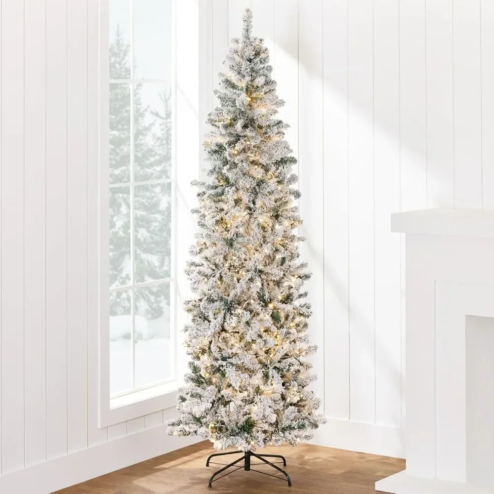 Flocked Pencil Christmas Tree,12ft Lighted Skinny W/Base, Warm White Lights, Pre-Lit Slim Artificial Holiday Decoration