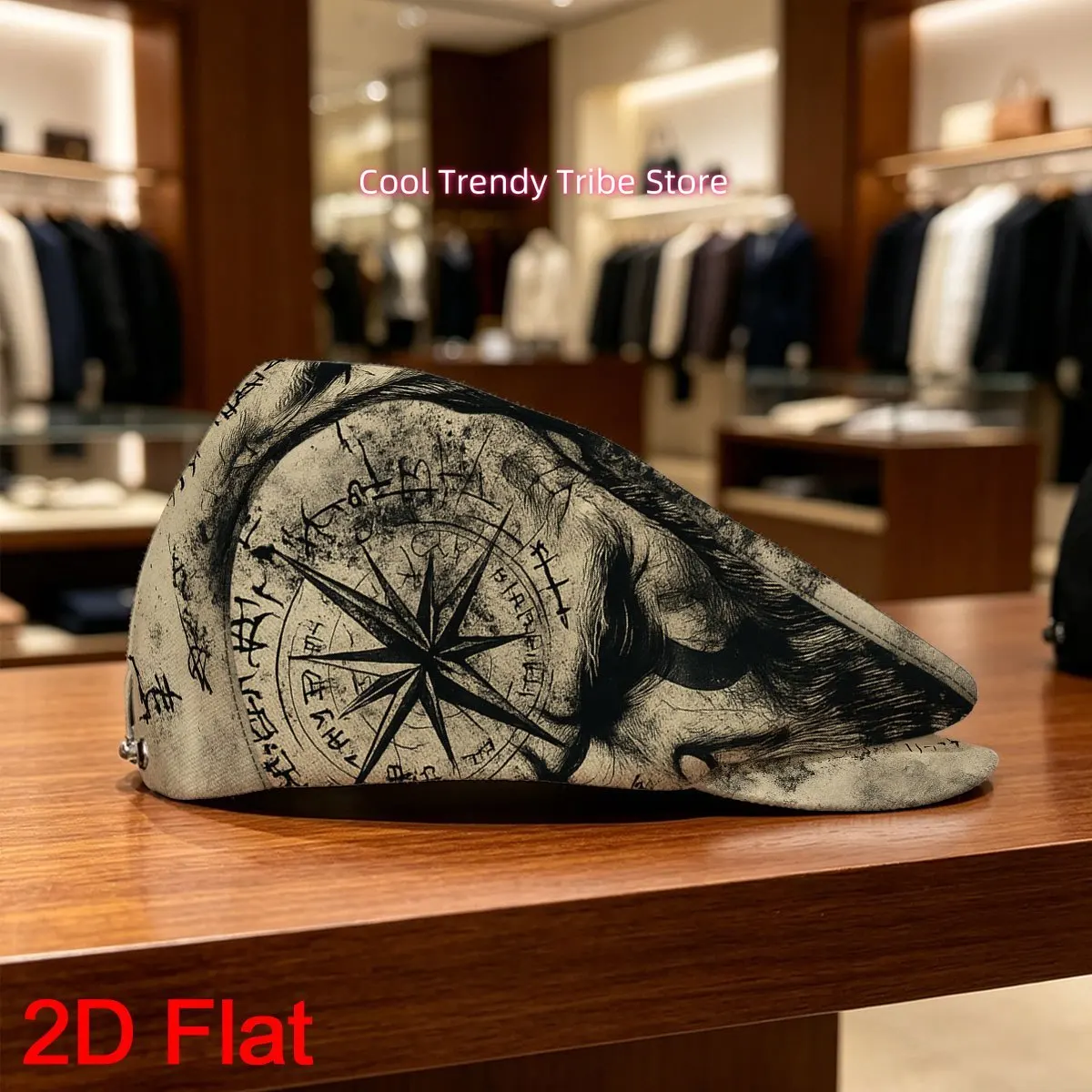 1pc Men's Large Norse Warrior Beret Hat - Lightweight Suitable for Casual Outfits, Large Head Size, All-Over Norse Compass Print