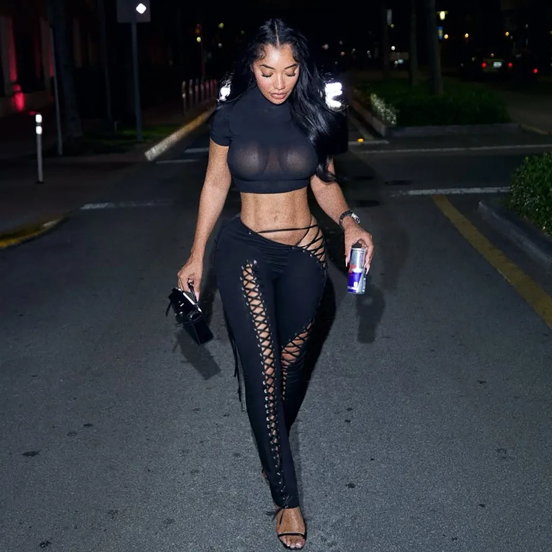 

DSMTRC женская кокетка Клубная одежда с перекрестными шнурками женские комплекты из 2 предметов сексуальные модные бандажные майки с лямкой на шее + узкие брюки с повязками на шее