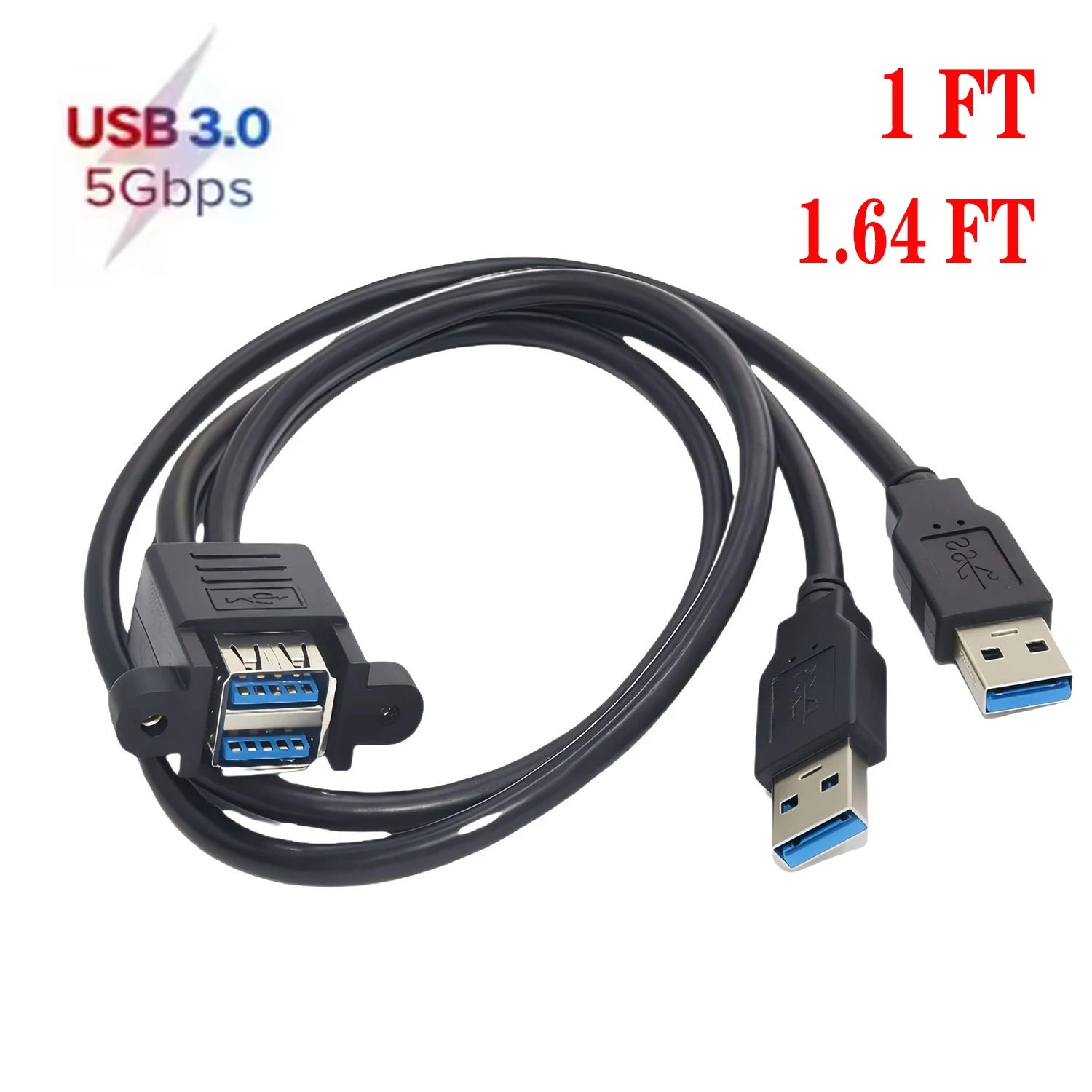 Combo Dual USB 3.0 Male to Stackable Female Extension Cable 50cm with Screw Panel Mount Holes