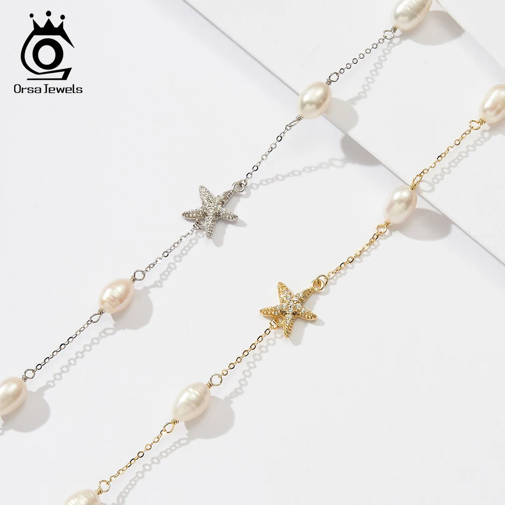 ORSA JEWELS 100% 925 Silver 10mm Star Zircon Necklaces Real Pearls Summer Creative Sea Starfish Necklace Chain BQN06