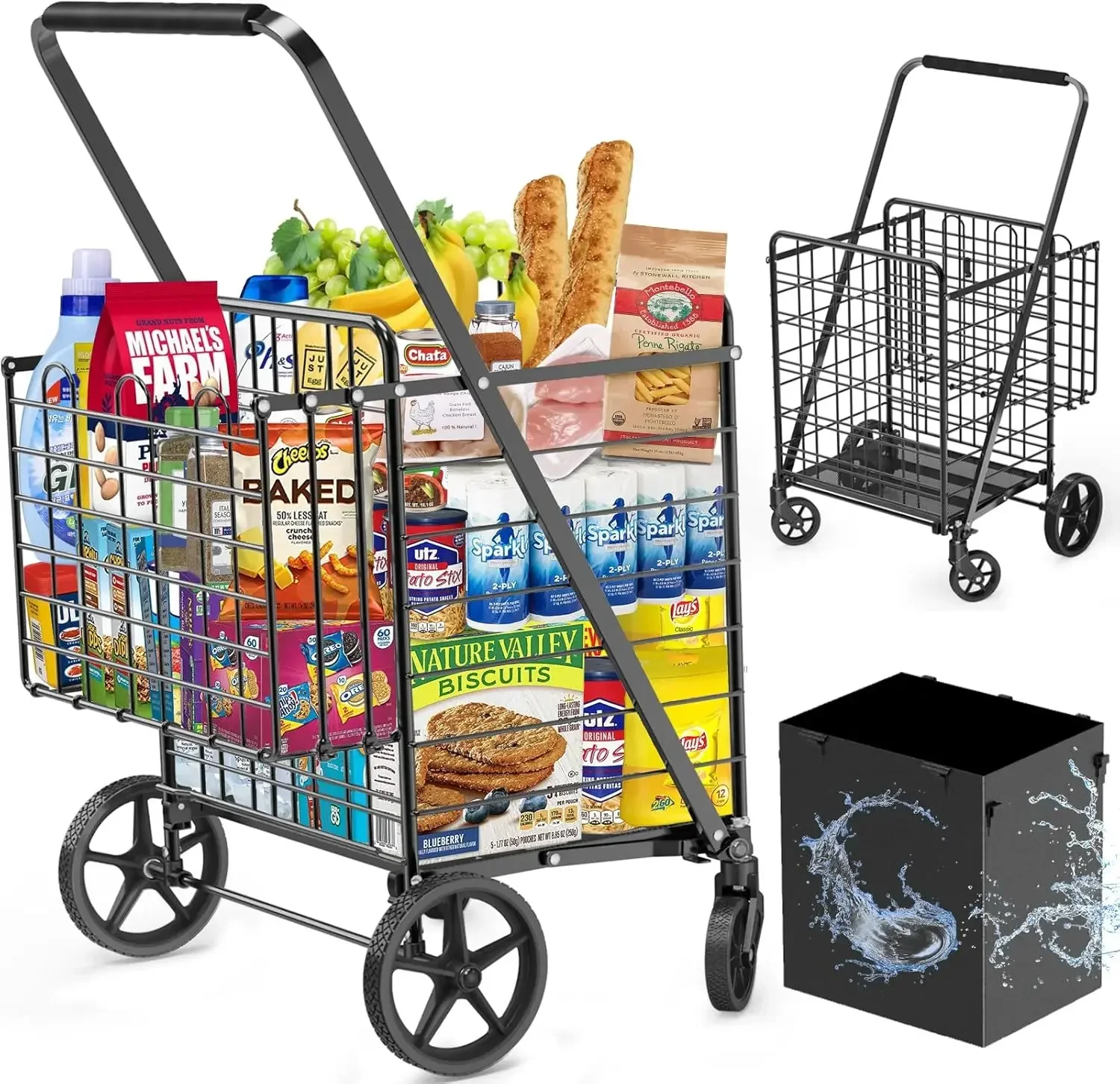 Shopping Cart for Groceries, 450lbs Heavy Duty Grocery Cart on Wheels, Folding Dual Basket Utility Carts with Waterproof Liner,