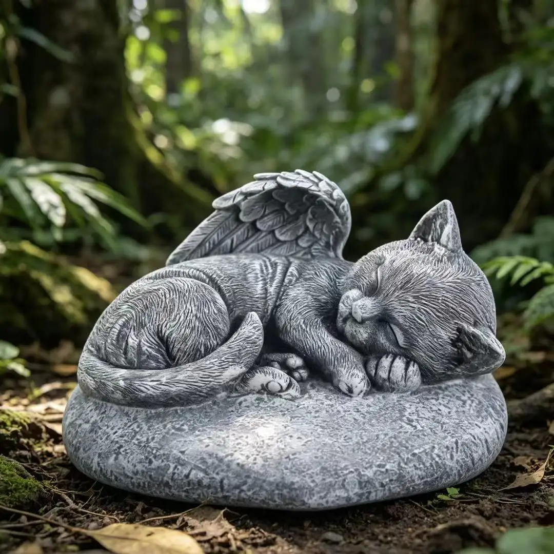 Angel Cat Pet Memorial Stone, Weatherproof Sleeping Cat Grave Marker, Outdoor Garden Pet Tombstone For Cat Loss