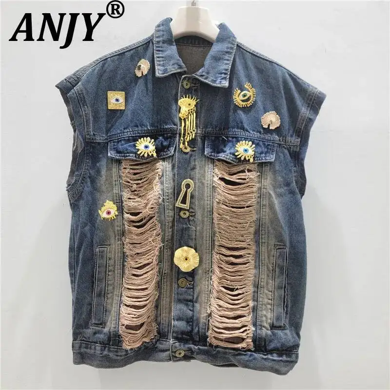ANJY Spring Summer New Women American Style Ripped Metal Decoration Trend Distressed Turn-down Collar Ins Denim Waistcoat A24830