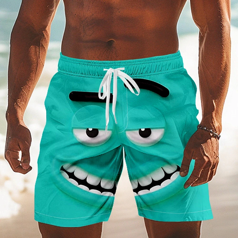 

Мужские плавки с 3D мультяшным улыбкой на лице и большими глазами, шорты для плавания со средней талией, забавные отпускные карманы, эластичные шорты на талии с завязками