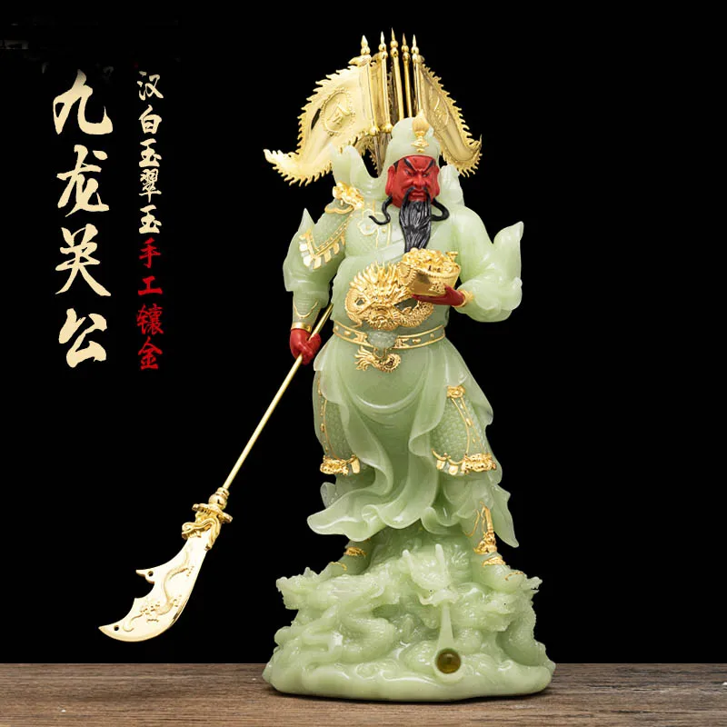 Southeast Asia HOME Shop Company high grade statue GOOD LUCK God of wealth 9 dragons GUAN GONG Mammon jade gilding Buddha