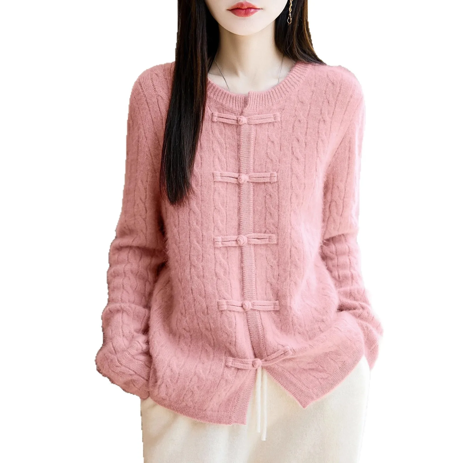 여성용 가디건 100% 울 긴 소매 O넥 아우터웨어 두꺼운 따뜻한 니트 스웨터 싱글 브레스티드 한국 패션 루즈 가디건