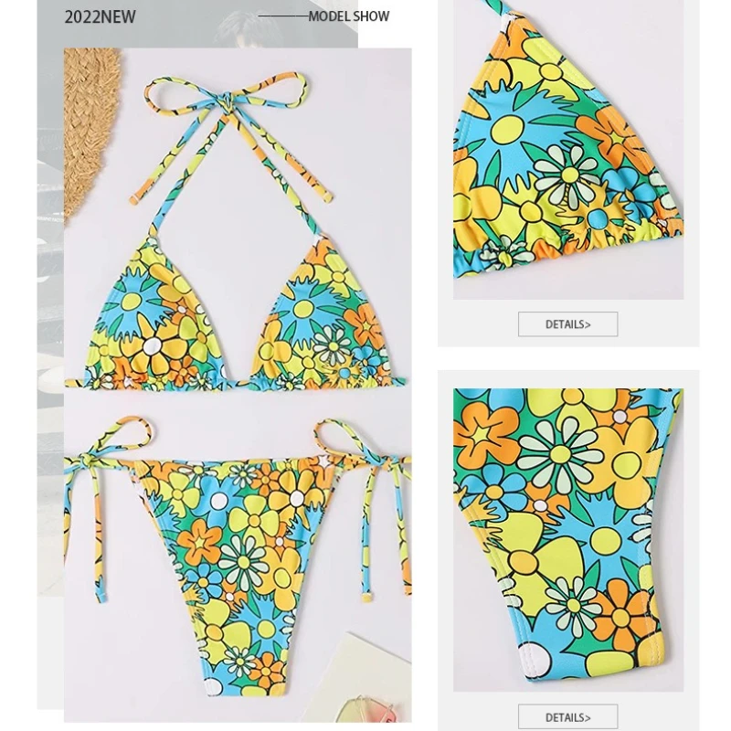 Badeanzug 2025, weiblicher Micro-Bikini, Damen-Bademode, Sommer, Strandmode, Damen-Badeanzug, Blumendruck, Halter, Tanga, Bikini-Set
