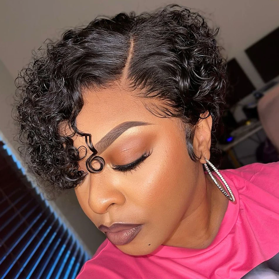 

13*4 Pixie Cut Human Hair Wigs for Women 13X4 Lace Frontal Wig Curly Wave Water Wave Black Color Wigs 180% Density