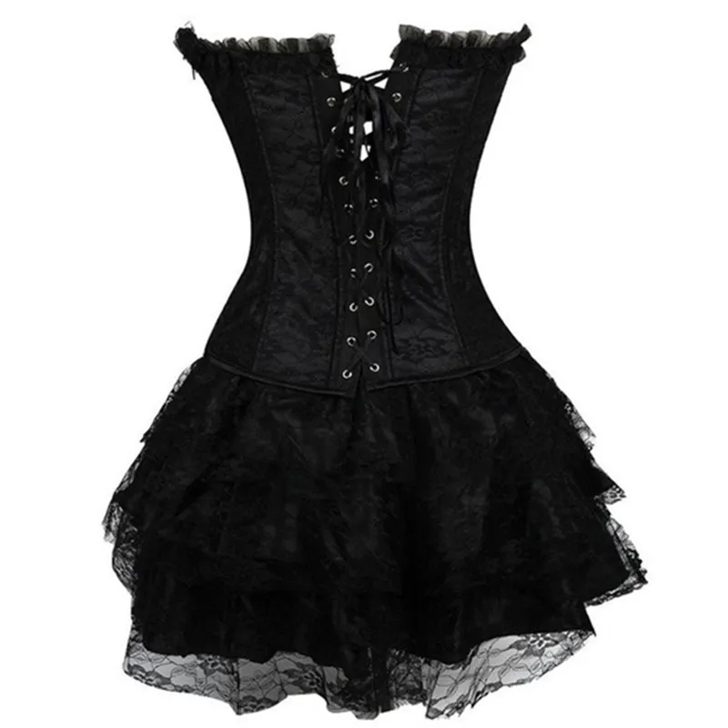 Women\'s Sexy Lace Up Overbust Corset Bustiers Dress Gothic Body Shaper Mini Skirt Showgirl Dance Plus Size S-2XL