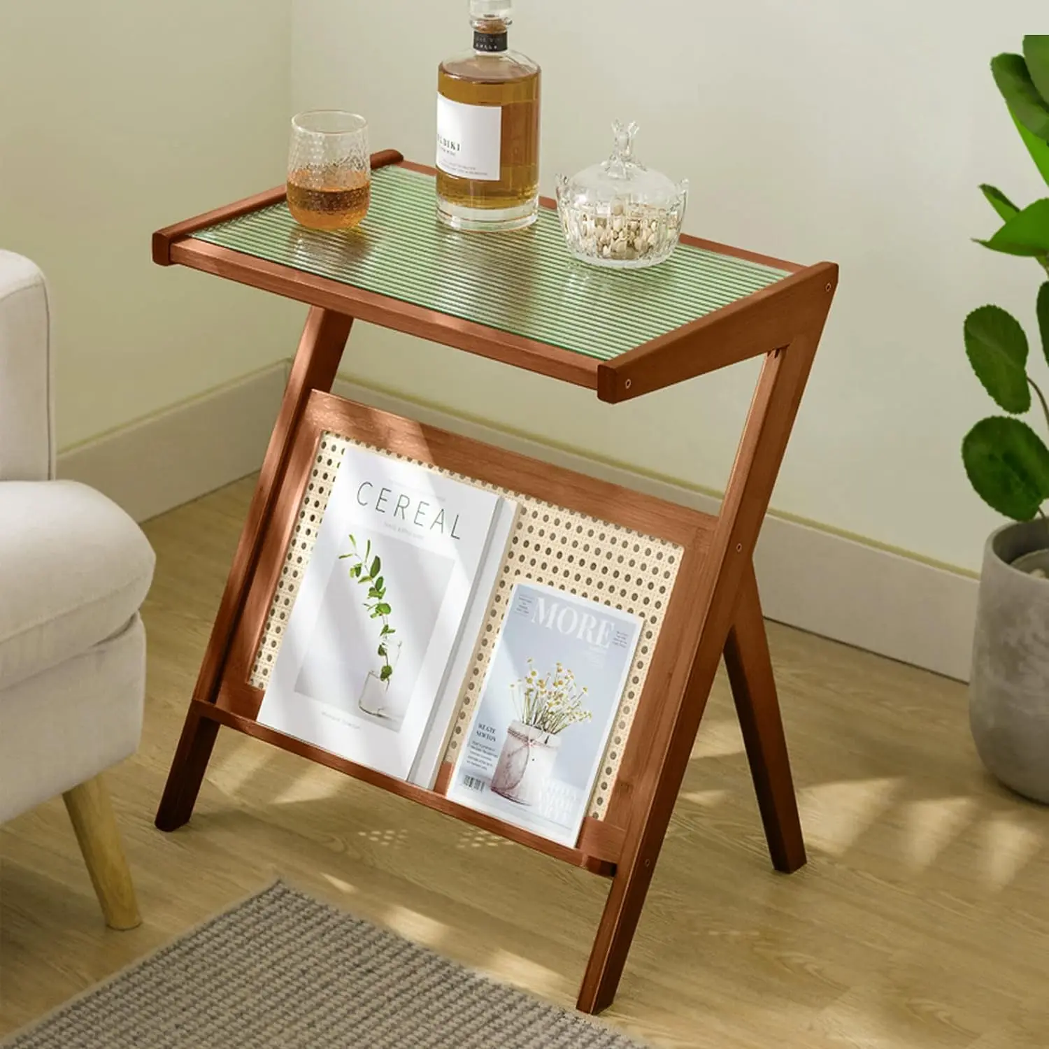 Rattan End Table with Magazine Rack Glass-top Bamboo Sofa Side Table Bedside Z Shaped Coffee Table for Bedroom Living Room Small