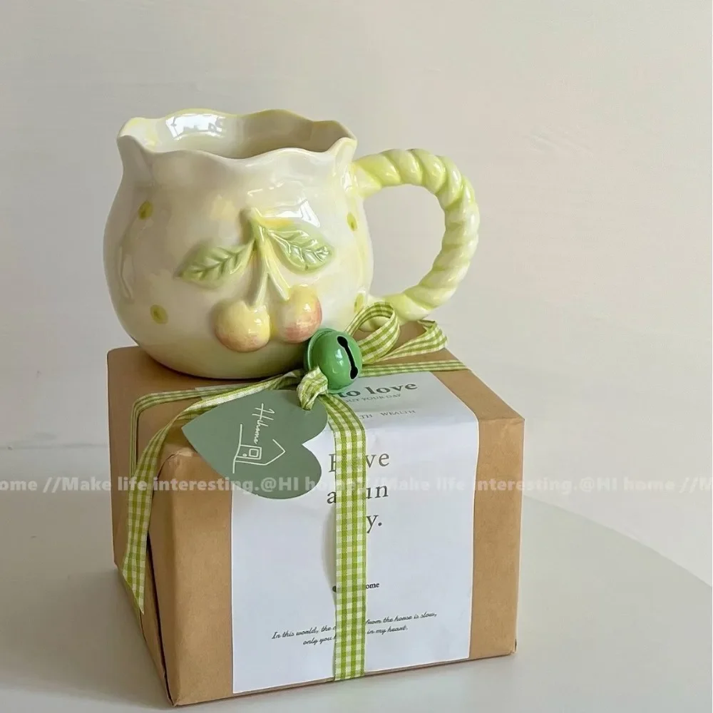 Cute Cherry Ceramic Mug, Small Niche Design, Water Cup with Gift Box, Household Drinking Set, Kitchen,Dining and Bar view 4