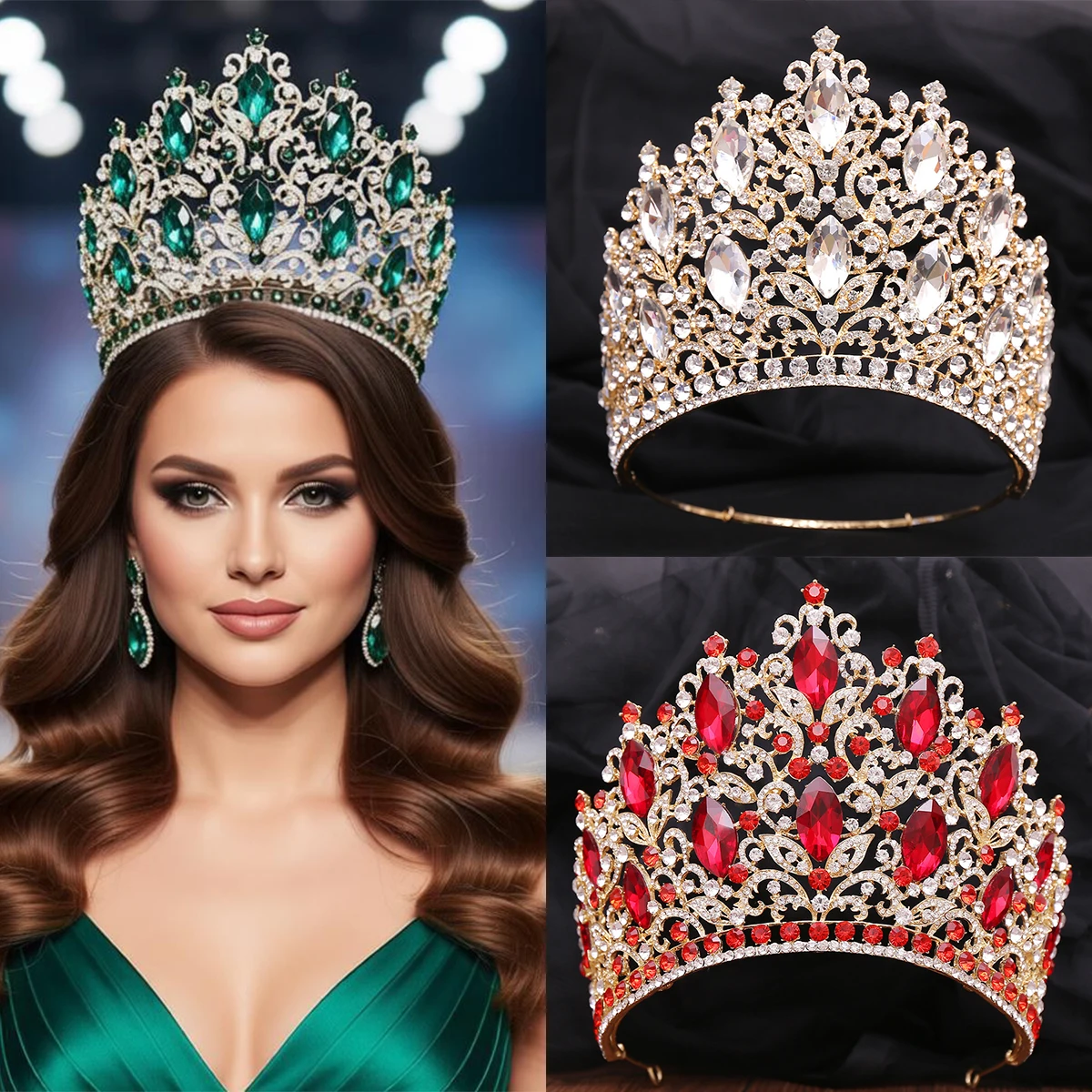 Luxurious Forest Style Crystal Grand Bridal Hair Crown Leaf High Big Rhinestone Wedding Headpiece Stage Miss World Tiaras