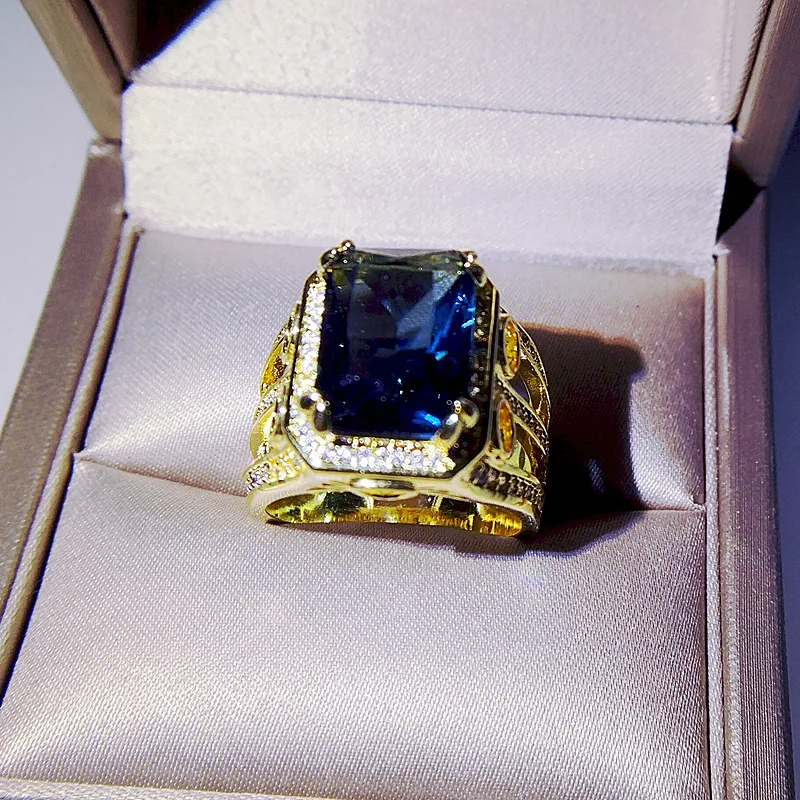 Creative fashion exquisite square blue gemstone ring hip-hop style luxury mens rings banquet gentlemen's jewelry accessories