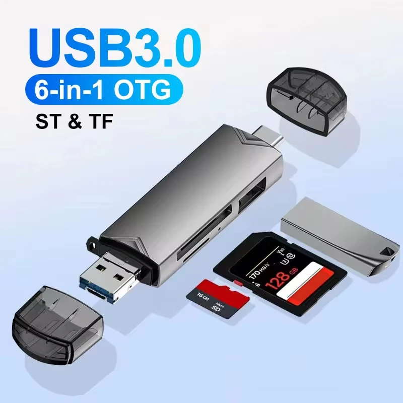 6 in 1 USB 3.0 Card Reader OTG Adapter For iPhone 15 Pro Max Xiaomi 14 Samsung Camera SD TF High-speed Transmission Accessories