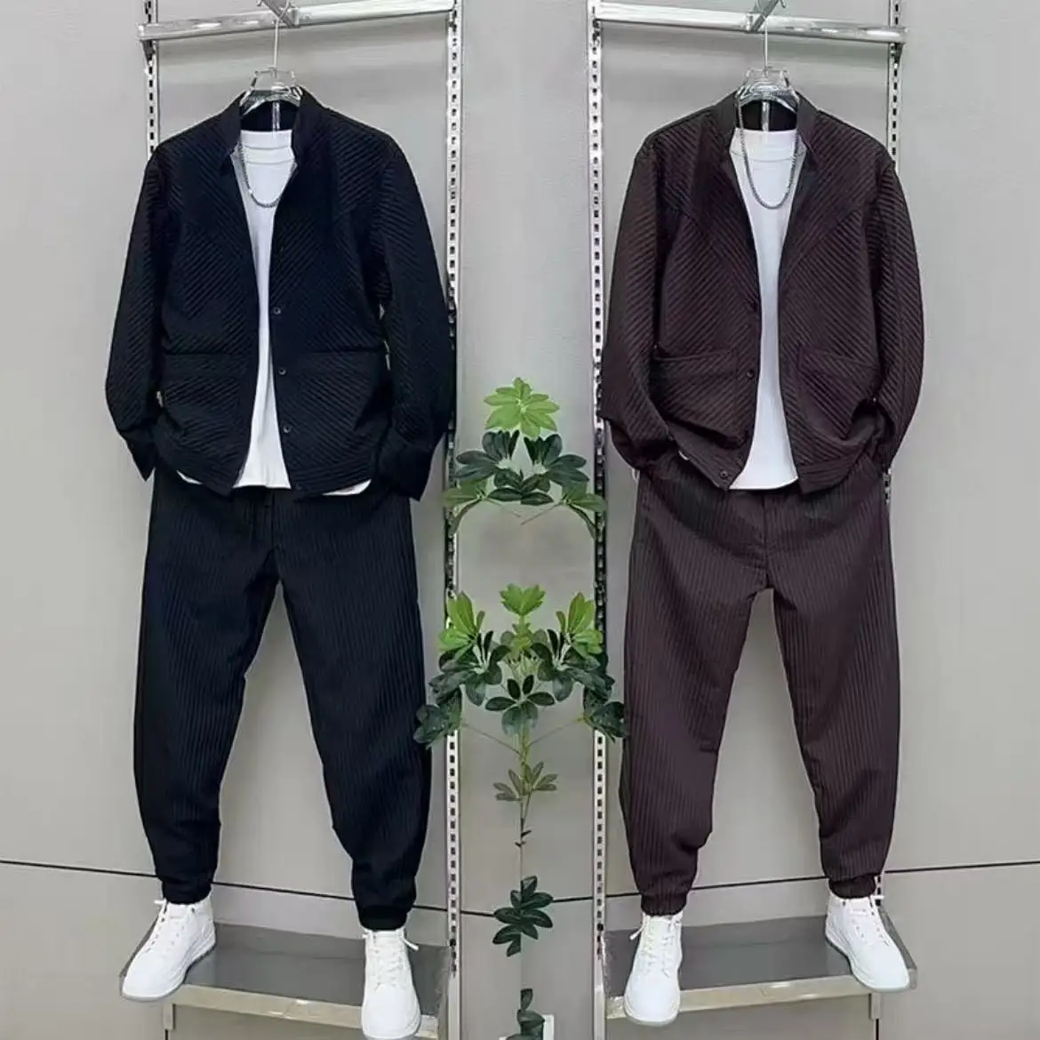 

New Fall 2025 Casual Shirt Men's Long Pants Striped Fashion Brand Versatile Sport Suit Men's Plus Size Two-Piece