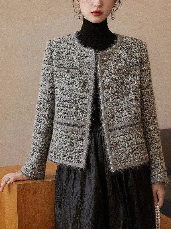 Casaco Curto Feminino Premium de Tecido Pesado, Estilo Novo 2025, Antienvelhecimento, Primavera Outono, Agasalho de Bouclé, T...