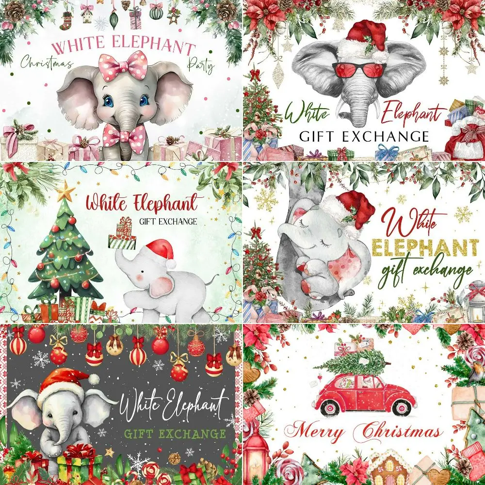 

Зимний рождественский фон для фотосъемки, белый слон, рождественские елки, подарочная коробка, зеленые растения, украшение, праздничный семейный фон