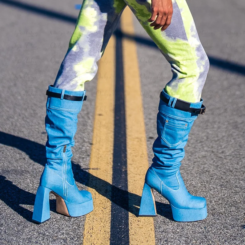 Onlymaker Square Toe Denim Chunky Heel Platform Boots Thick High Heels Fashion Zip Fashion Big Size Punk Booties