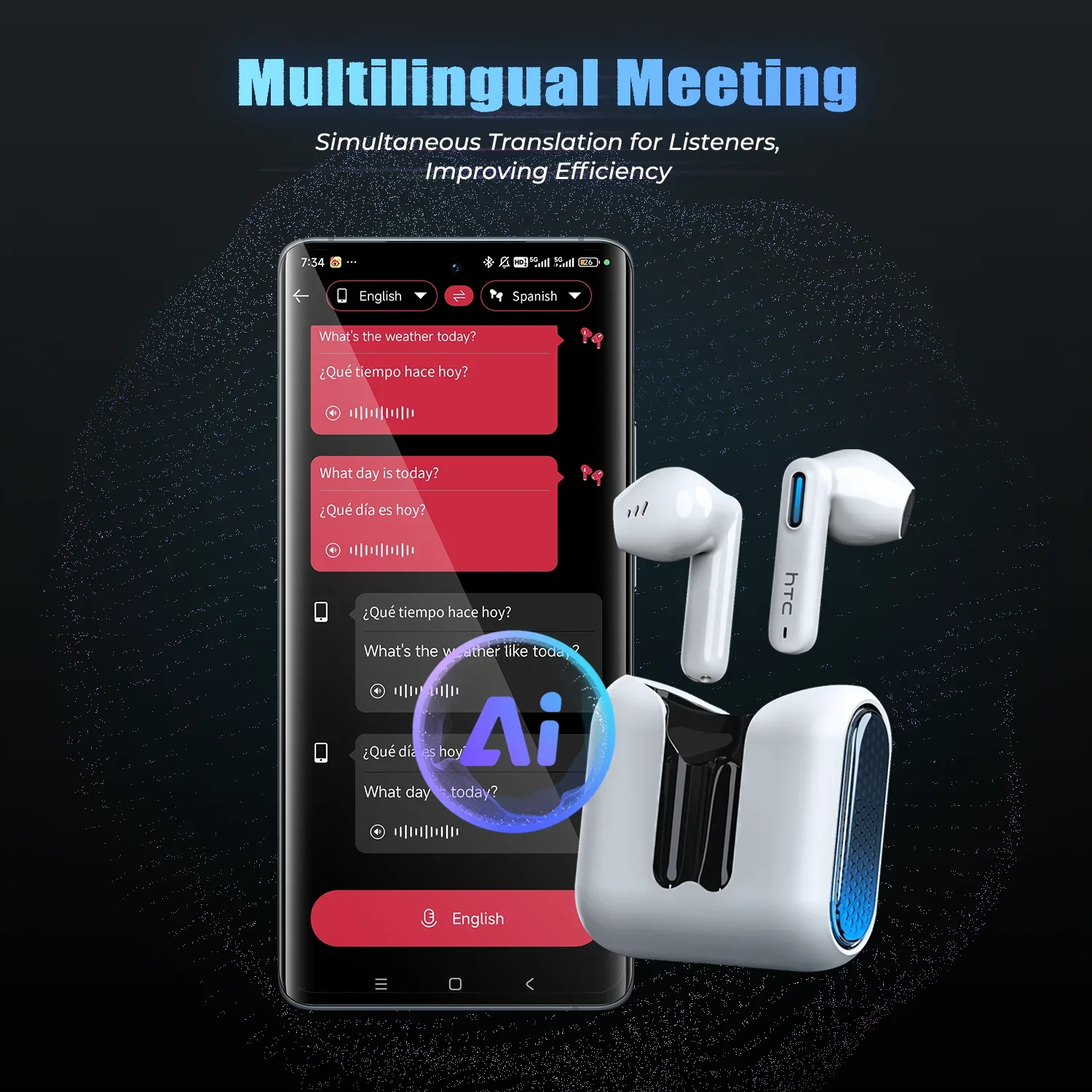 سماعات أذن لاسلكية HTC NE49 مزودة بتقنية البلوتوث V6.0 TWS داخل الأذن سماعات أذن مريحة بكمون منخفض للغاية وسماعات أذن مترجم AI