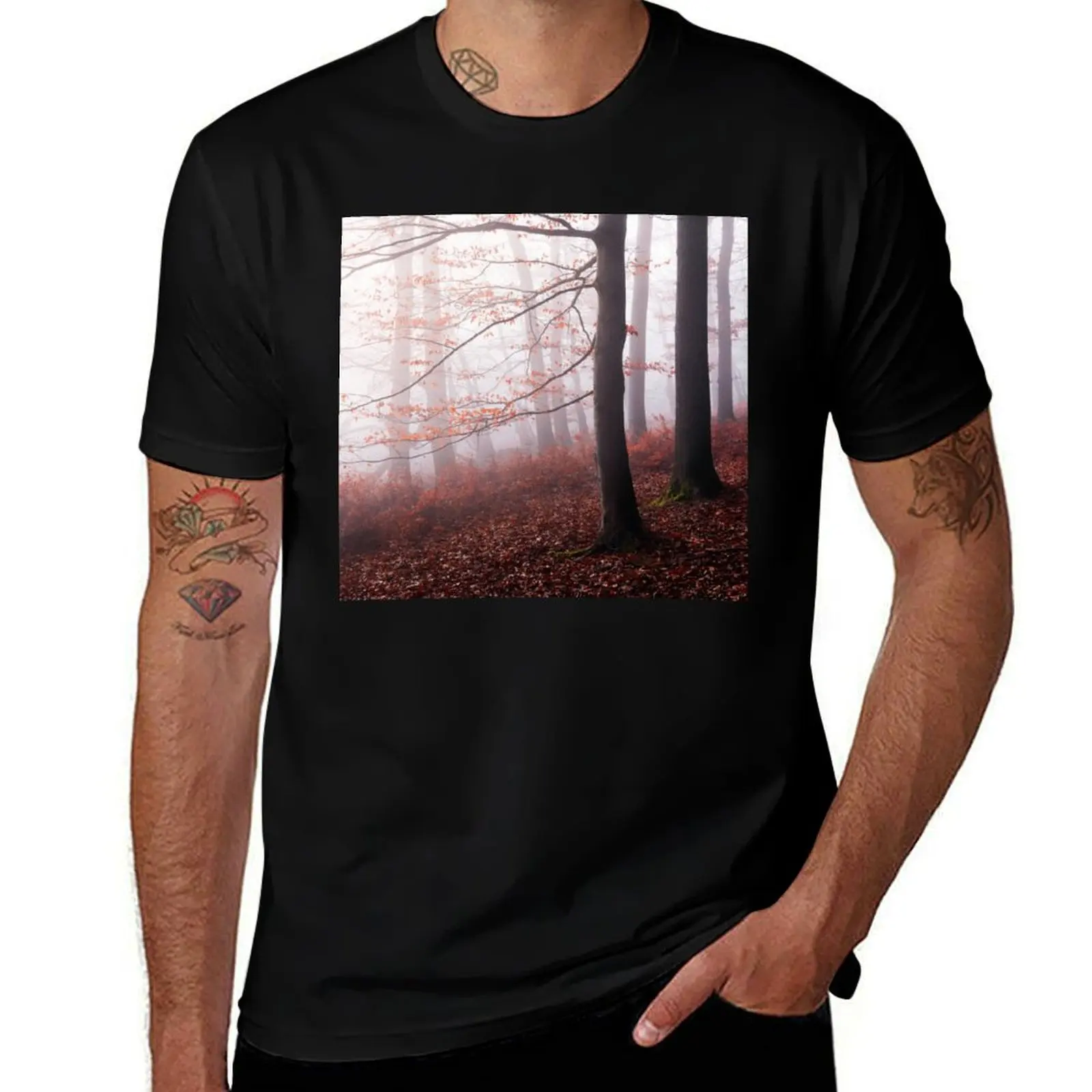 Stay With Me // Misty Autumn Fairytale Wilderness Forest With Red Leaf Trees Covered In Magic Light And Fog Series T-Shirt