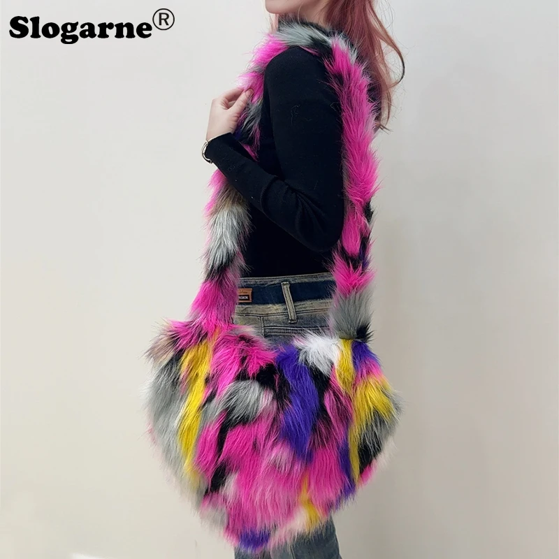 

Winter Faux Fur Shoulder Bag Women 2024 Fashion Heart Shape Artificial Fox Fur Crossbody Bag Zebra Pattern Soft Fluffy Handbags