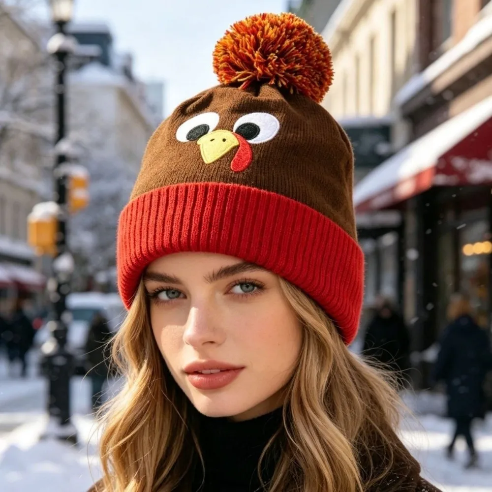 Cute Windproof Knit Beanies Warm Lining Thickened Turkey Hat Pom Pom Ball Warm Pullover Hat Thanksgiving Party