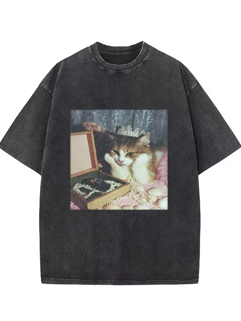 Cute Princess Cat Treasure Graphic T-Shirt, Oversized Retro Washed Tee For Men Women Travel Daily Vacation Casual Street Outfits