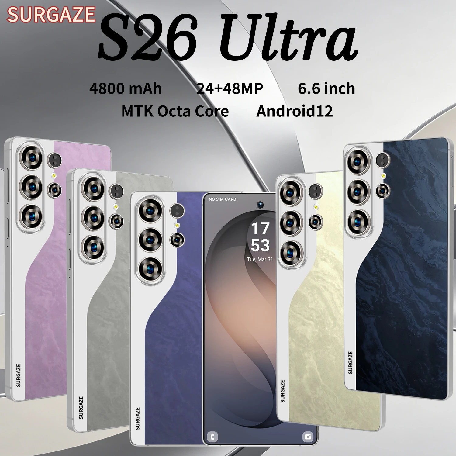 هاتف ذكي SURGAZE S26 Ultra الإصدار العالمي، 5G أندرويد، بطارية 4800 مللي أمبير، ذاكرة وصول عشوائي 12 جيجابايت، ذاكرة تخزين 512 جيجابايت، شاشة 6.6 بوصة، كاميرا مزدوجة 24+48 ميجابكسل، هاتف محمول بشريحتي