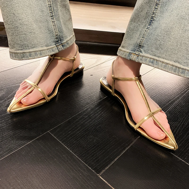 JOZHAMTA Size 34-40 Flats Sandals Women Rome Buckle Low Heels Summer Shoes For Women Pointed Toe T-Strap Sexy Brand Sandalias