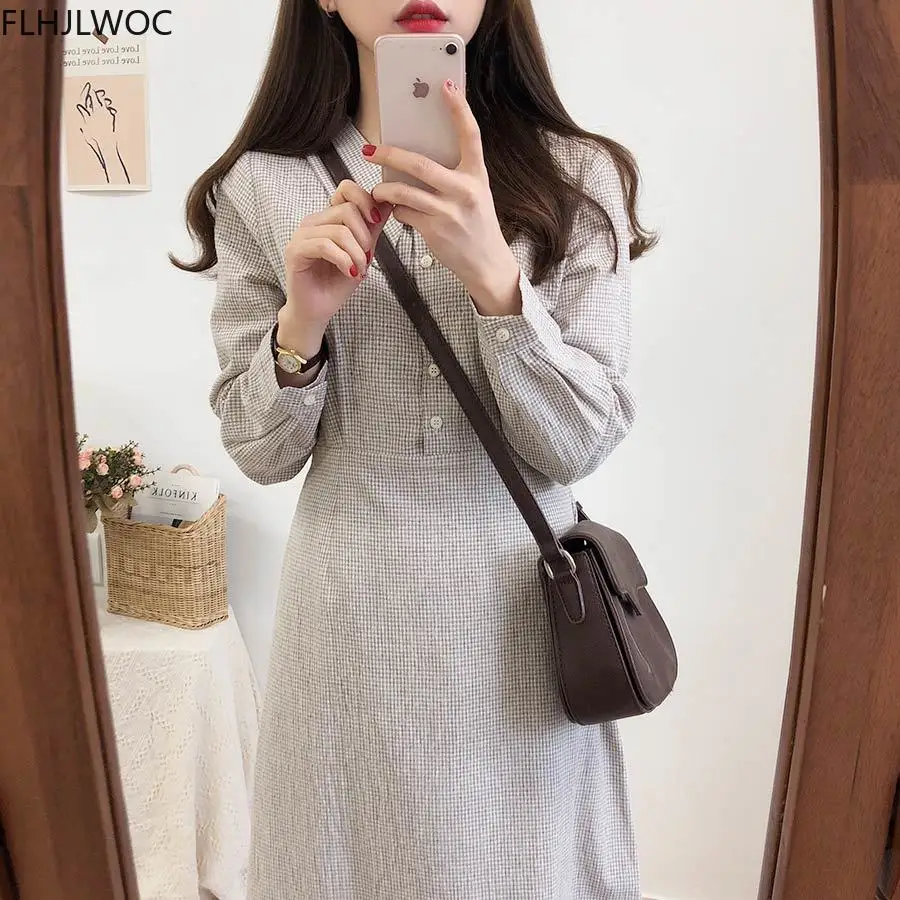 Cotton Vintage Dresses Latice Women Long Sleeve Bow Tie Ribbon Design Preppy Korea Japan Style Plaid Dress Long Cute 8123