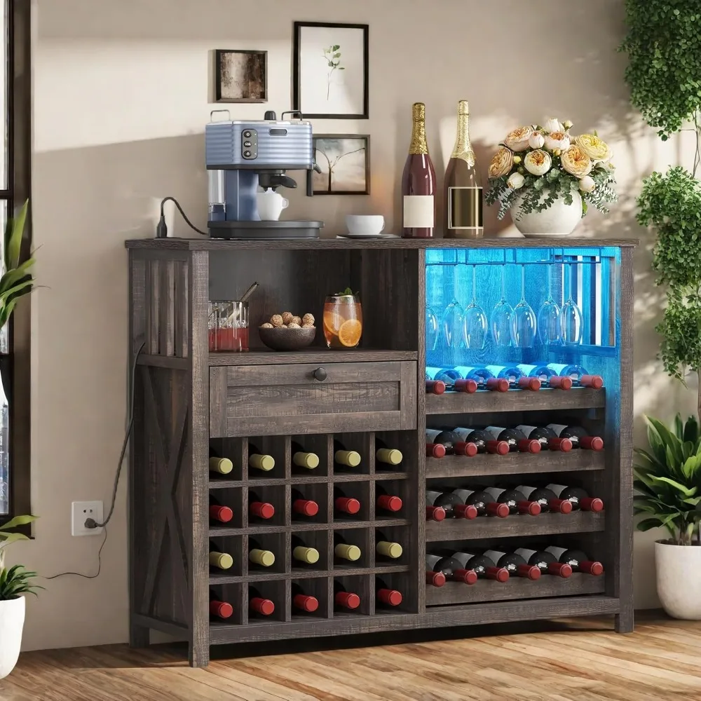 

Wine Bar Cabinet with Led Light Power Outlet, Home Coffee Cabinet with Wine and Glass Rack, Kitchen Buffet Sideboard with Stora
