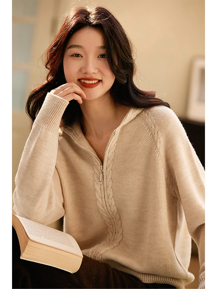 

Premium Spun Yangzhou Yarn Knitted Heavyweight 500g Hooded Open Cardigan Sweater Double Zipper OL Style Commute Fashion Women...