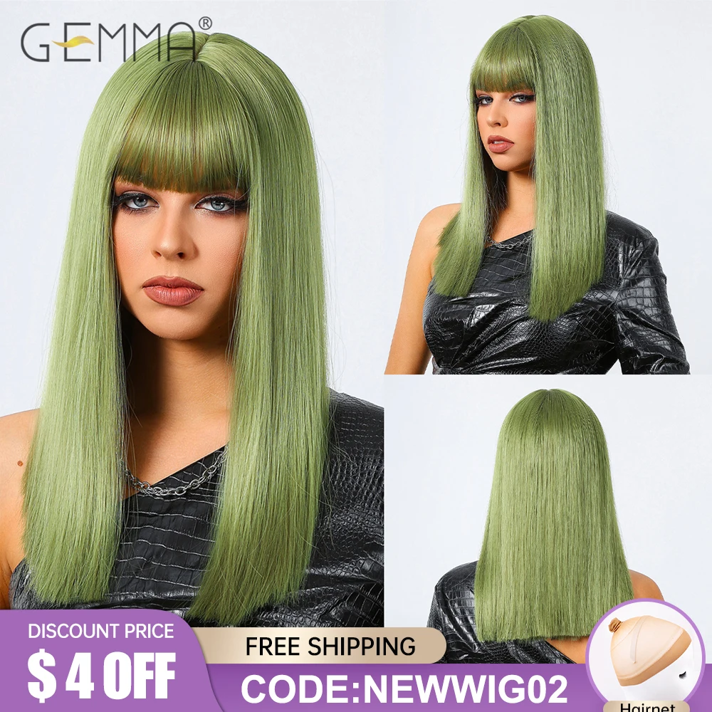 

Green Synthetic Cosplay Wig with Bangs Medium Length Straight Wigs for Women Halloween Party Natural Hair Wig Heat Resistant