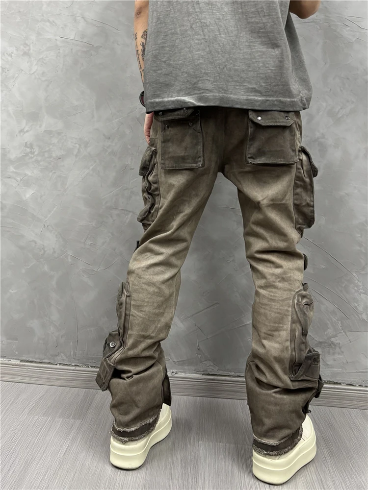 Zware afvalgrond versleten uitziende wash-out multi-pocket cargobroek gepersonaliseerde minderheid recht casual trendy herenbroek