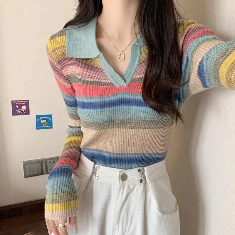 Rainbow Striped Women's Short Knitted Sweater Polo Collar Fashionable Versatile Slim Fit Base Sweater 2024 Autumn/Winter New Top