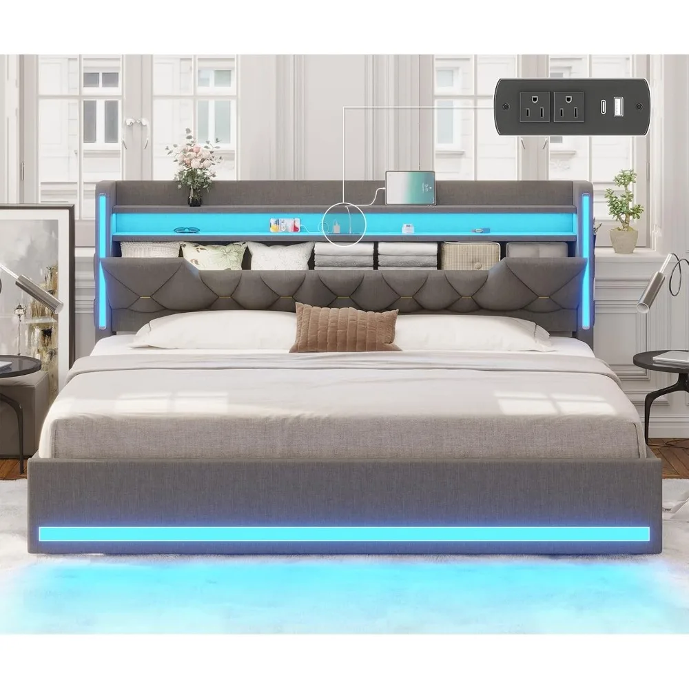 

King Size Bed Frame with Marshmallow Headboard and Storage, Metal King Bed with LED Lights & Charging Station, Upholstered Platf