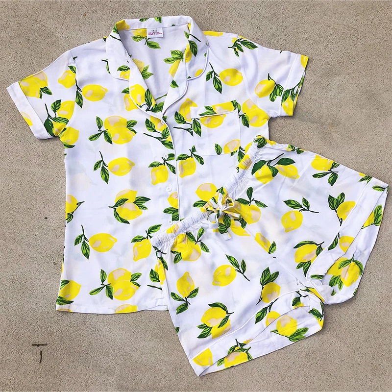 Ling Summer Lemon Print Women\'s Pajamas Silk Satin 2 Pcs Sets Sleepwear Silk Short-sleeved Nightwear Casual Home Clothes S-XL