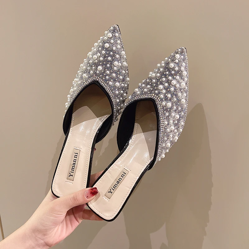 2022 Summer Rhinestone Pearl Baotou Semi High-heeled Slippers Women's Fashion Sexy Thin Heel Pointed Sandals Single Shoes