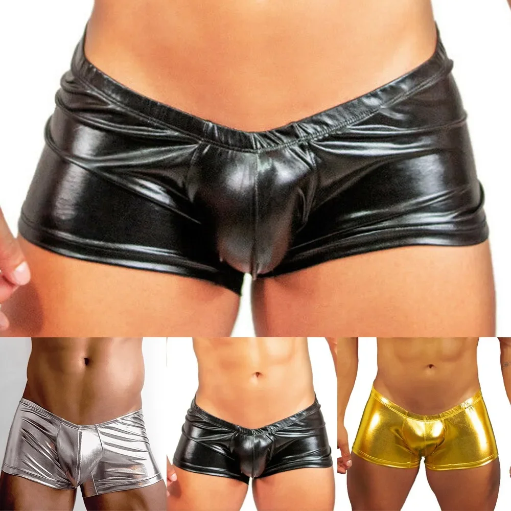 Sexy Gay Men Underwear Solid Color Clubwear Fashion Trunk Metal Tight Bandage Leather Underpant Cool Male Shorts