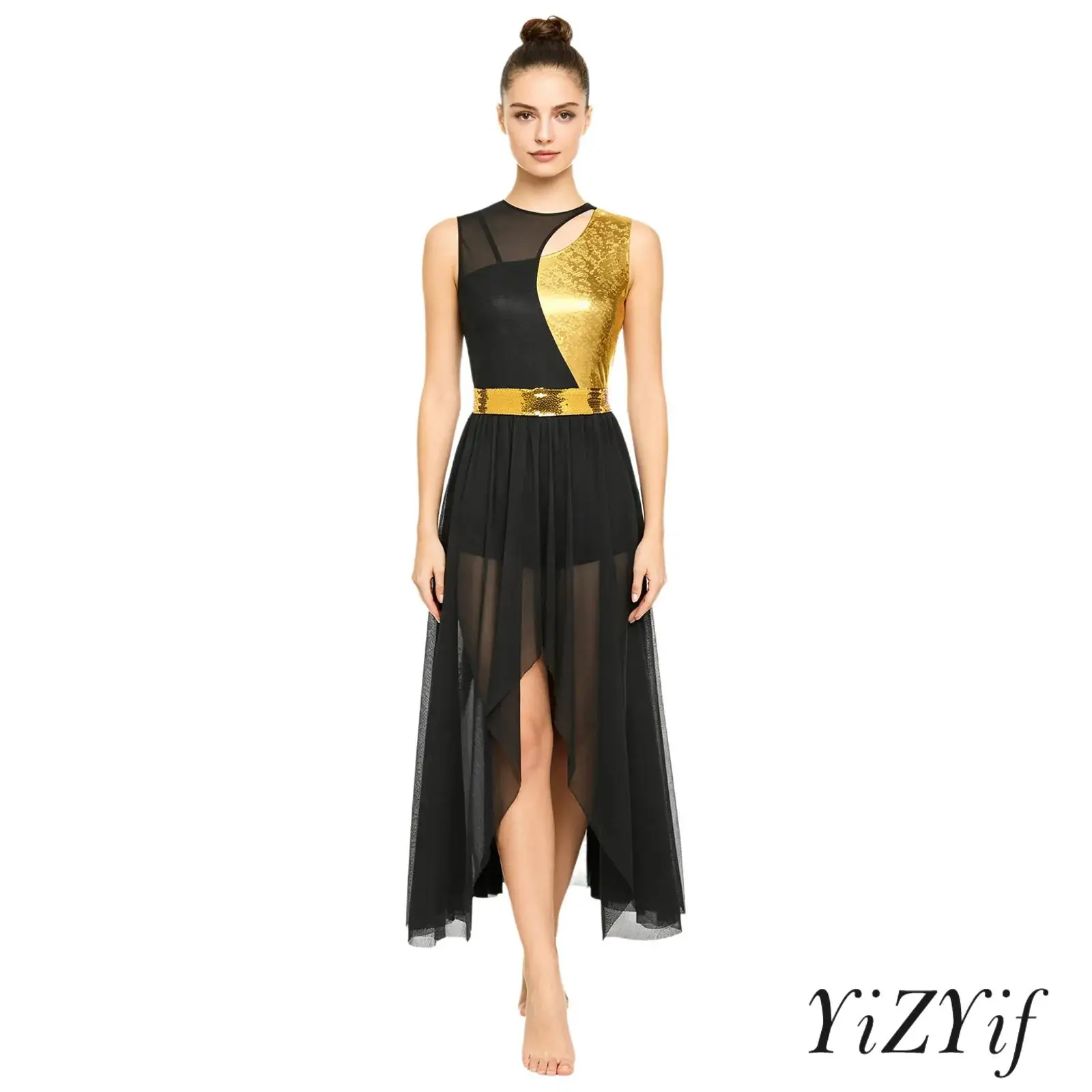 

Женское платье для хорового танца: блестящее, металлическое, с пэчворком, асимметричным сетчатым подолом и поясом с пайетками, лирический литургический костюм