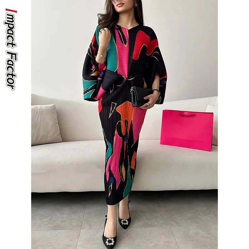 Pleated V-neck Dress for Spring and Autumn 2024 New Pressed Pleated Printed Long Skirt for Slimming and Stylish Women's Clothing