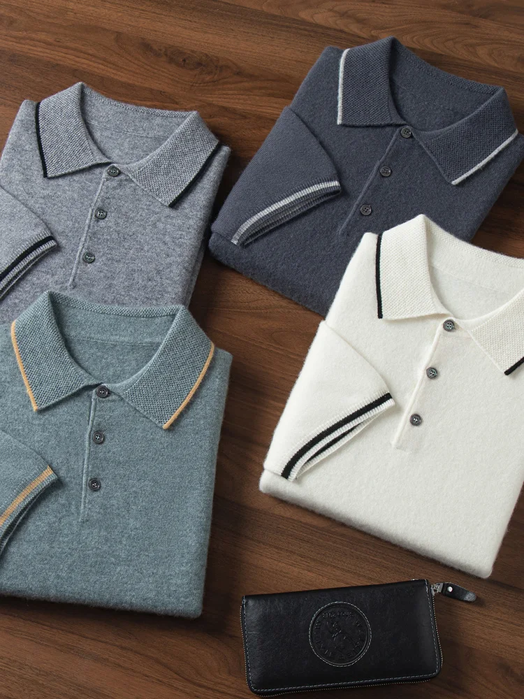 Męska kaszmirowa koszulka polo Smart Casual sweter z krótkim rękawem sweter lato jesień 100% dzianina kaszmirowa koreańskie modne topy