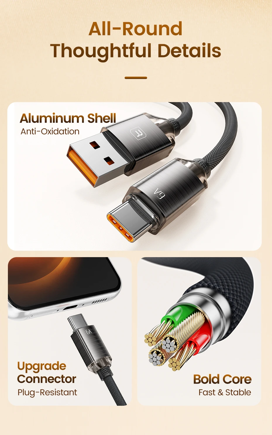 Toocki 100W USB A to USB Type C Cable for Huawei Honor Samsung Xiaomi Redmi iPhone 17 16 6A USB to Type C Charger Cord Data Wire