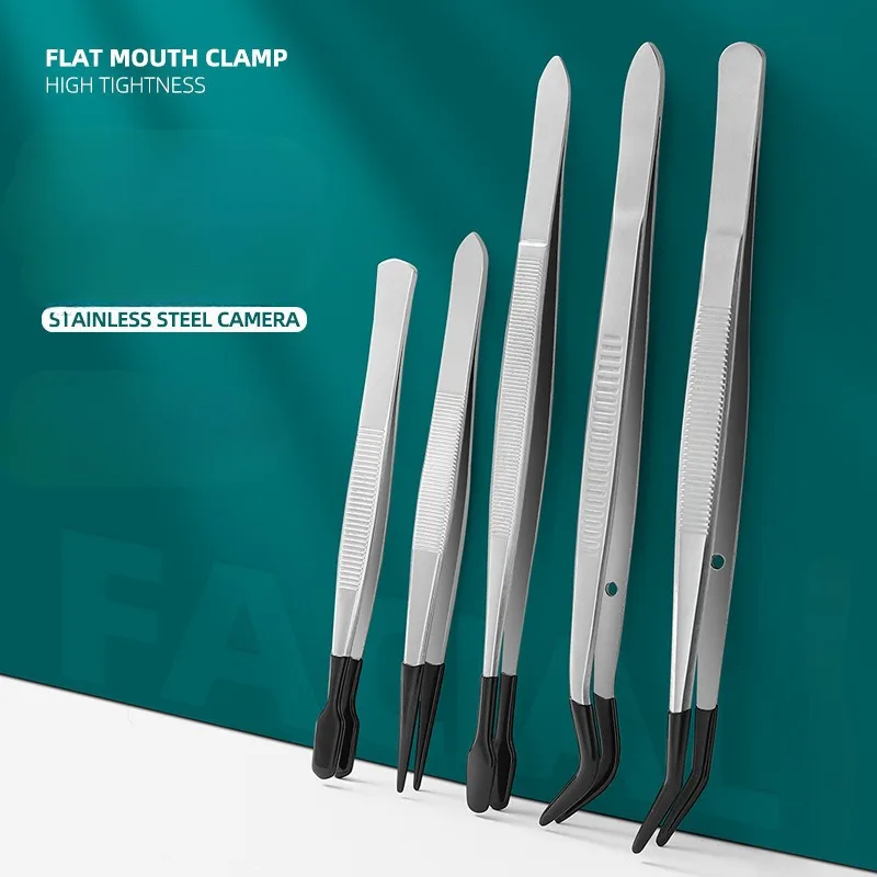 1/2/3/4/5pcs Tweezers Set with Rubber Coated Tips - Bent & Straight Flat Tip for Stamping, Jewelry Crafts, and Electronics
