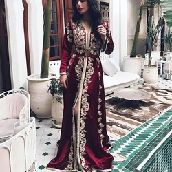 Burgundy Moroccan Kaftan Muslim Evening Dresses A-line Long Sleeves Appliques Dubai Arabic Caftan Abaya Islamic Gown Customized