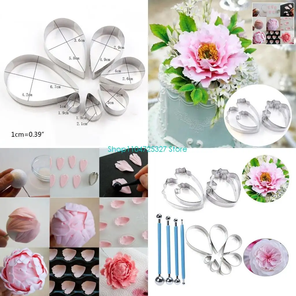 

D8KF 7 Pcs Rose Petal Cutter and 4 Pcs Herbaceous Peony Cutter, 4 Pcs Metal Ball Fondant Cake Decorating Sugar Craft