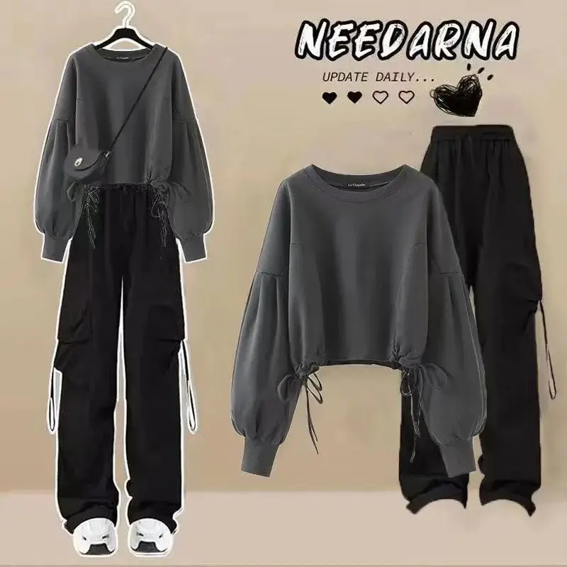 Autumn Harajuku Cargo Suit Female Korean Loose Pants Design Long Sleeve Top Two-Piece Trendy Overalls