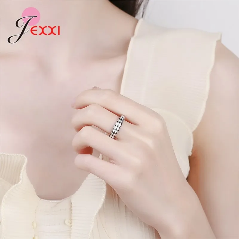 

Free Size Simple Ring For Women Gift Fashion Black White Grid Authentic 925 Sterling Silver Ring Fine Jewelry New