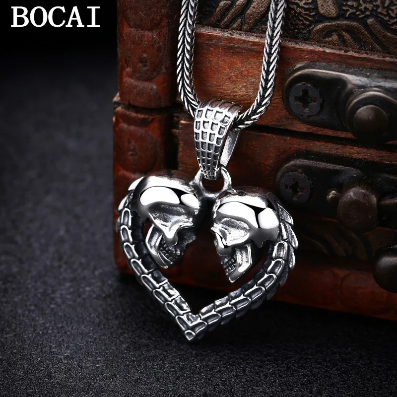 BOCAI New S925 Sterling Silver Street Dark Wave Gothic Double Skull Heart-shaped PendantP Male Valentine's Day Gift.